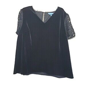 Draper James Black Velvet Lace Sleeve Keyhole Back Blouse Size 1X